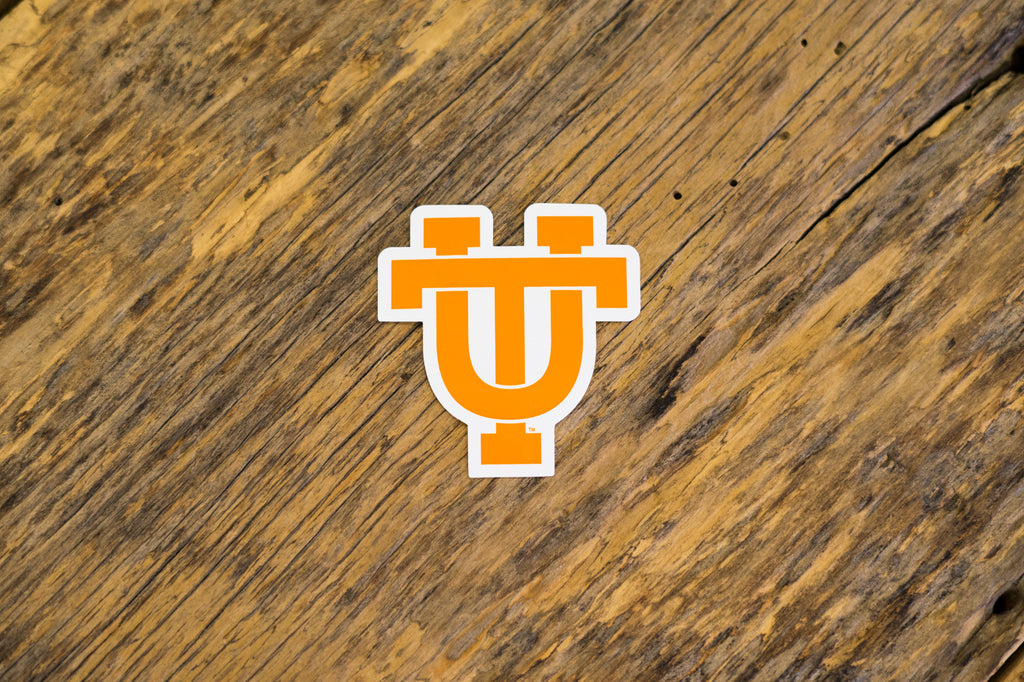 University of Tennessee Licensed Decal Stickers on Wood. Orange Interlocking UT Decal.
