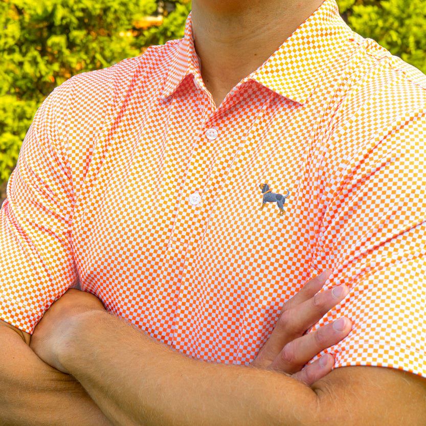 Orange/White Bluetick Checkerboard Polo