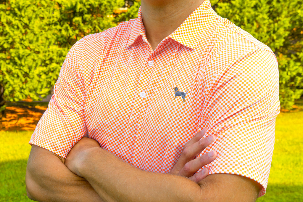 Orange/White Bluetick Checkerboard Polo