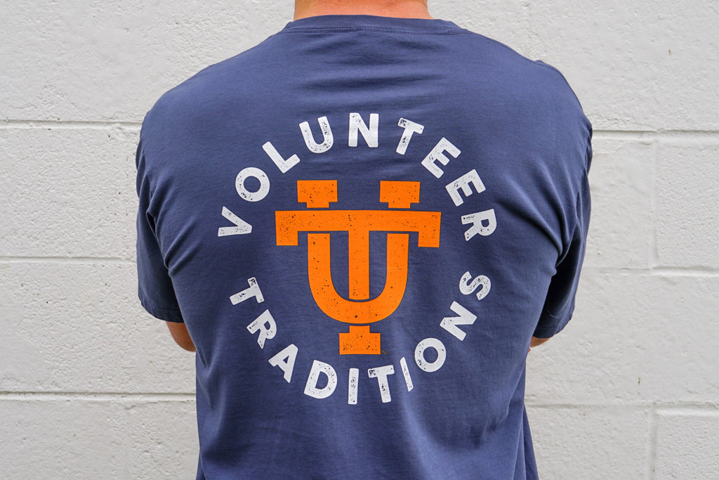 Volunteer Traditions University of Tennessee Navy Interlocking UT Short Sleeve Pocket Tee from the back. 
