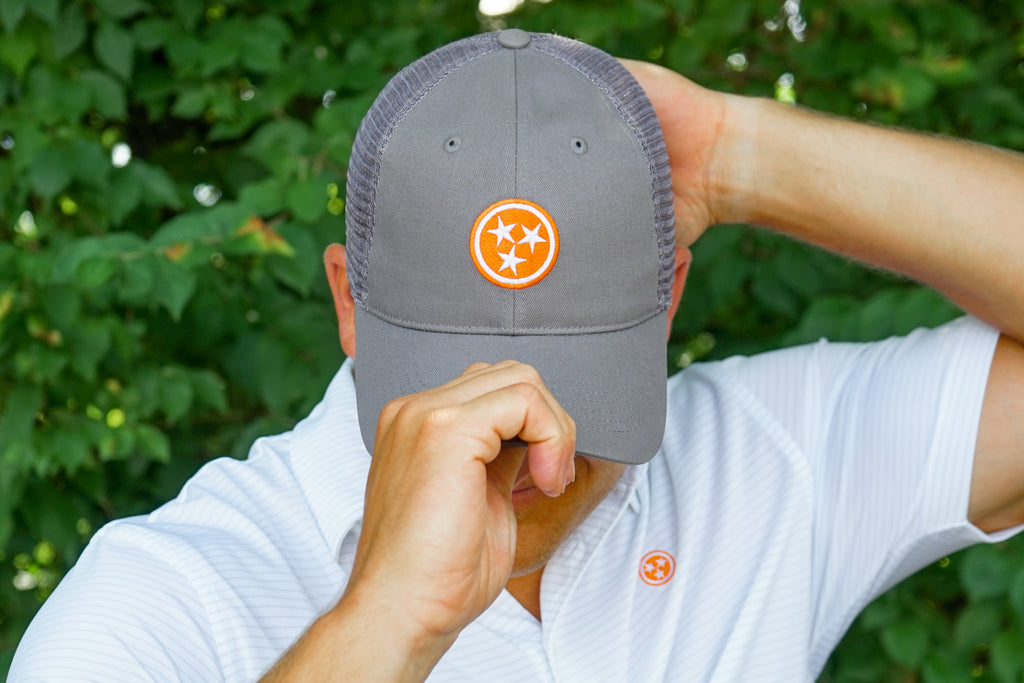 Volunteer Traditions Grey ProMesh Tristar hat featuring an Orange Tristar and Grey Mesh.