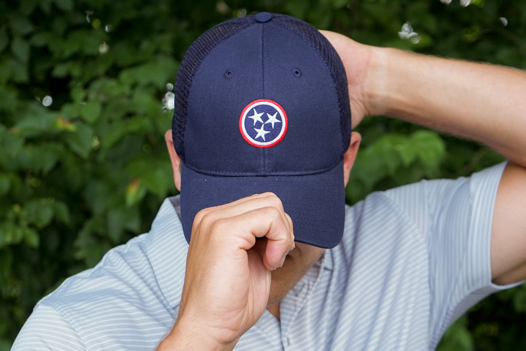 Volunteer Traditions Navy ProMesh Tristar hat featuring an Navy/Red Tristar and Navy Mesh.
